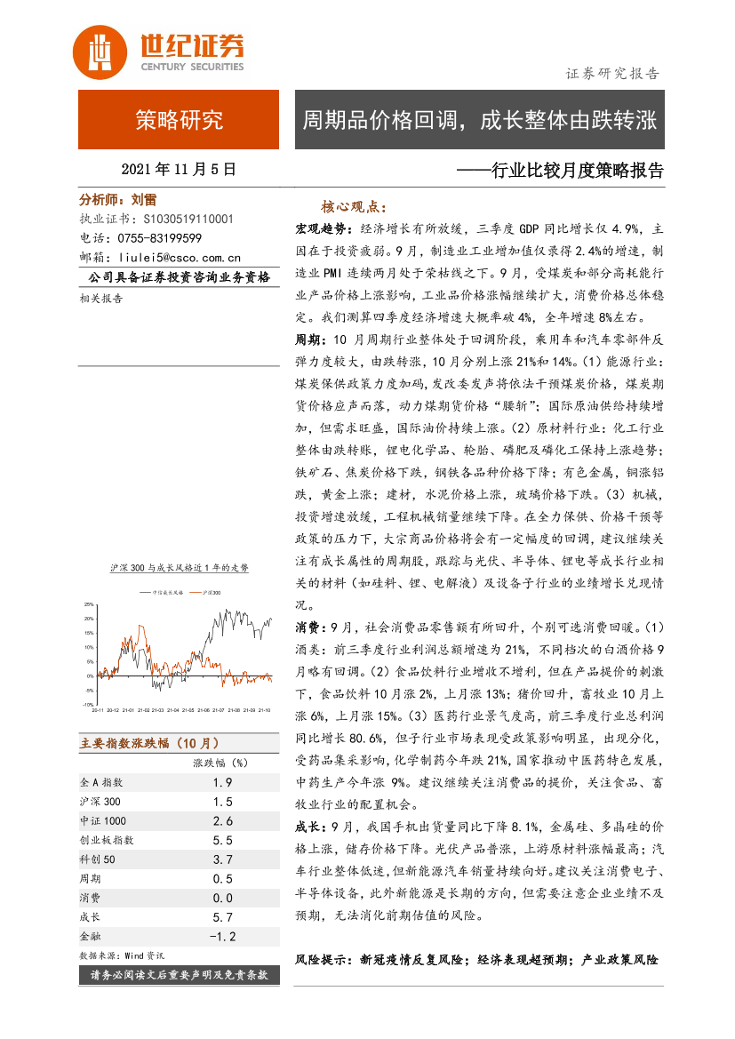 行业比较月度策略报告 ：周期品价格回调，成长整体由跌转涨-20211105-世纪证券-51页行业比较月度策略报告 ：周期品价格回调，成长整体由跌转涨-20211105-世纪证券-51页_1.png